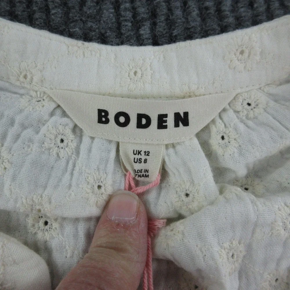 Boden Blouse Womens 8 Off-White Tunic Puff Sleeve Embroidered Crochet Lined NWT